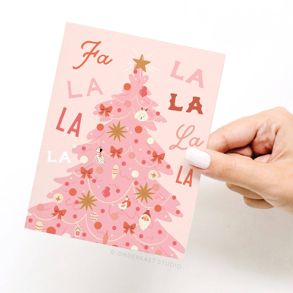 Fa La La Pink Christmas Tree Greeting Card