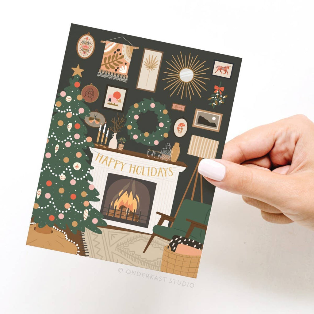 Happy Holidays Cozy Fireplace Greeting Card