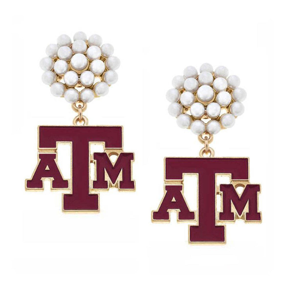 Texas A&M Pearl Cluster Enamel Drop Earrings in Maroon